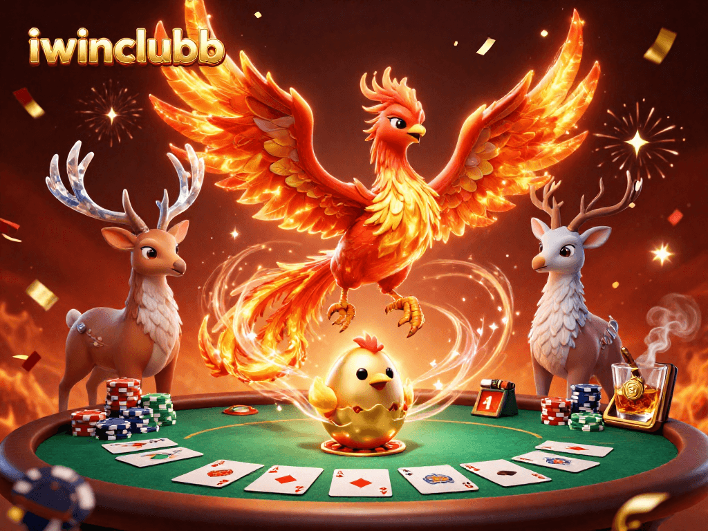 Experience the thrill with iwinclubb's 3D phoenix scene of poker excitement and rich casino elements.