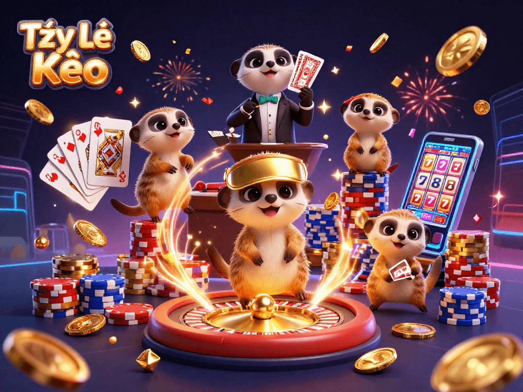 Tỷ Lệ Kèo showcases meerkats operating a casino with vibrant elements and dynamic action.