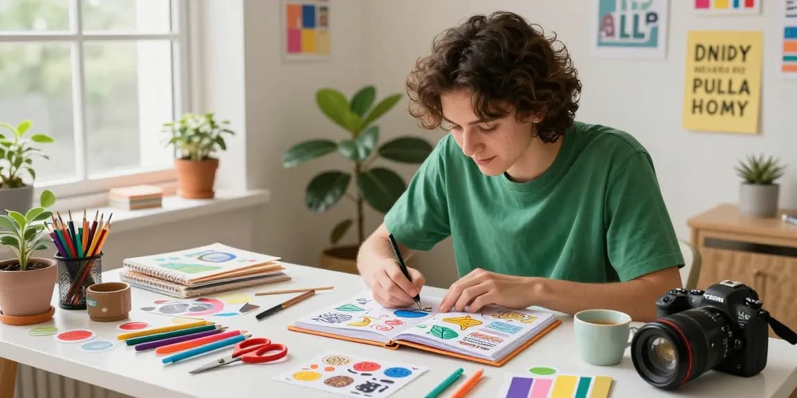 Creating a personalized reusable sticker book with colorful materials and natural light in a cheerful home workspace.