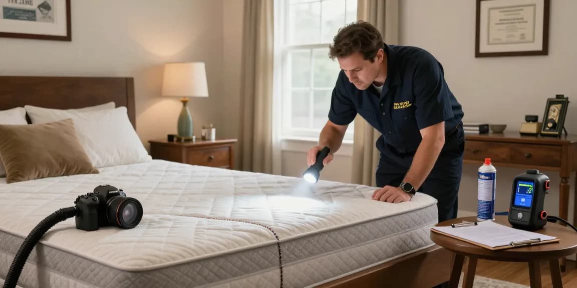 Professional bed bug exterminator inspecting a bedroom for pests in Milwaukee.