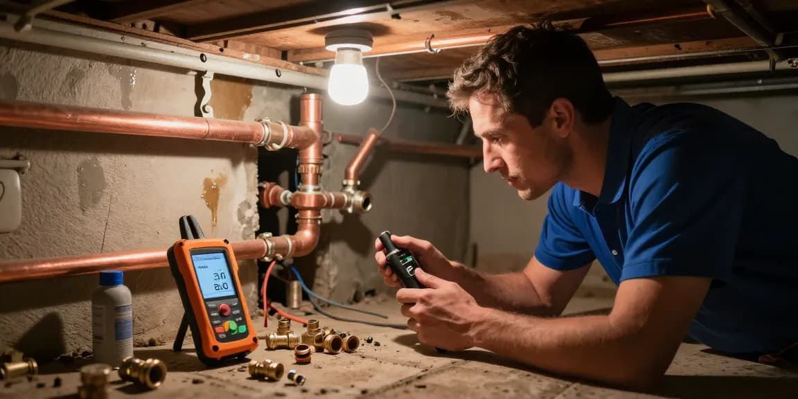 Experienced plumber performing leak detection San Diego, equipped with advanced tools for accurate moisture assessment.