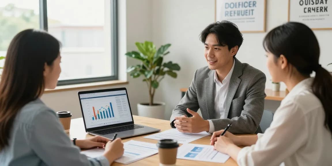 Financial advisor near me meeting with clients over investment strategies in a bright modern office.