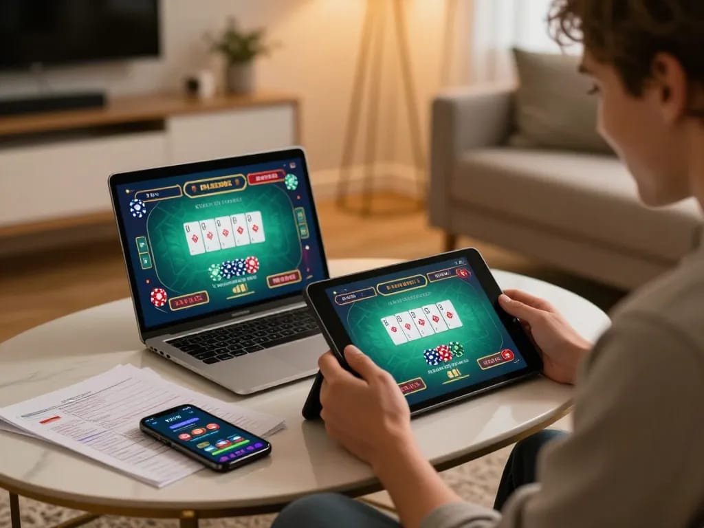 MMOO player enjoying an online poker game on tablet in a cozy home setting