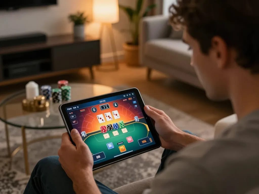 Main poker lapak303 player enjoying an online poker game at home, highlighting strategic gameplay.