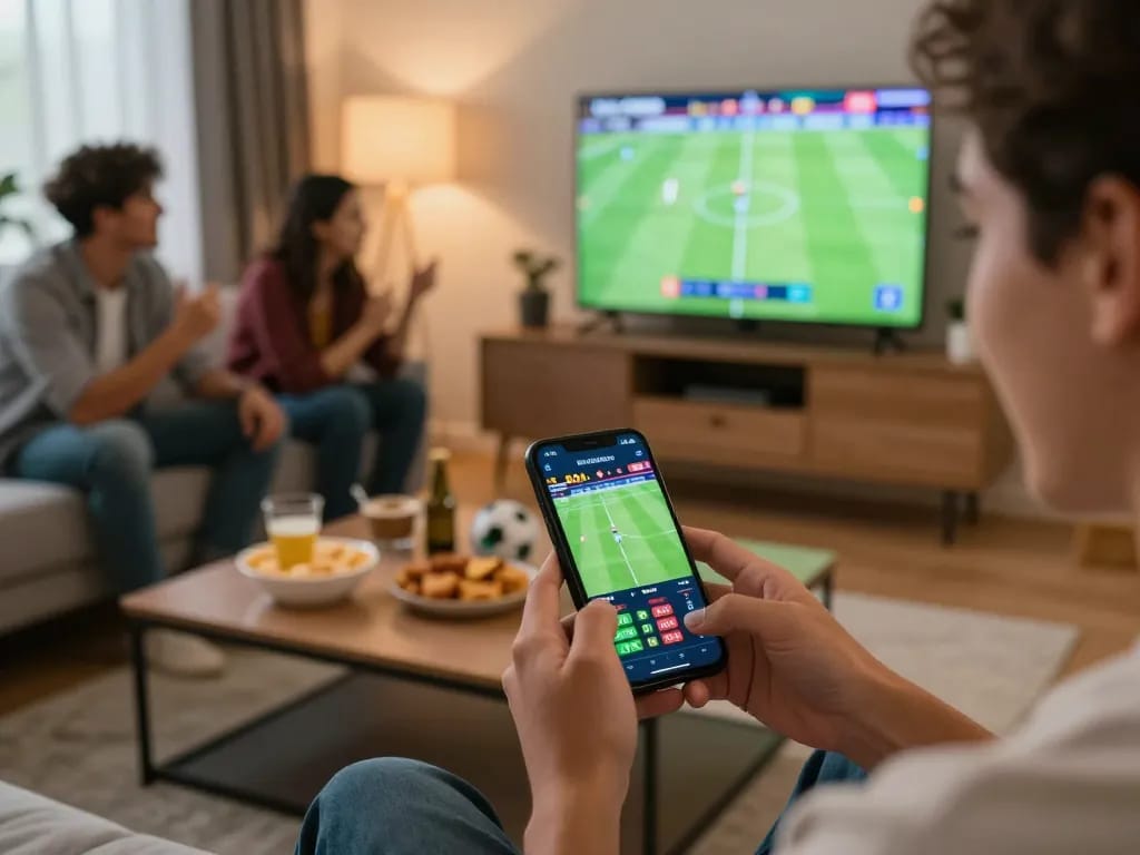 Soi kèo bóng đá action where a person places strategic bets using a smartphone during a live match.