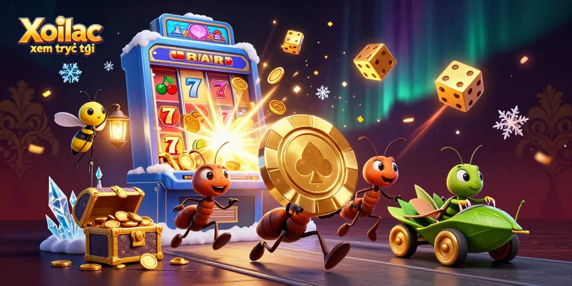 Xoilac xem trực tiếp with ants heisting golden poker chip in a dynamic casino scene