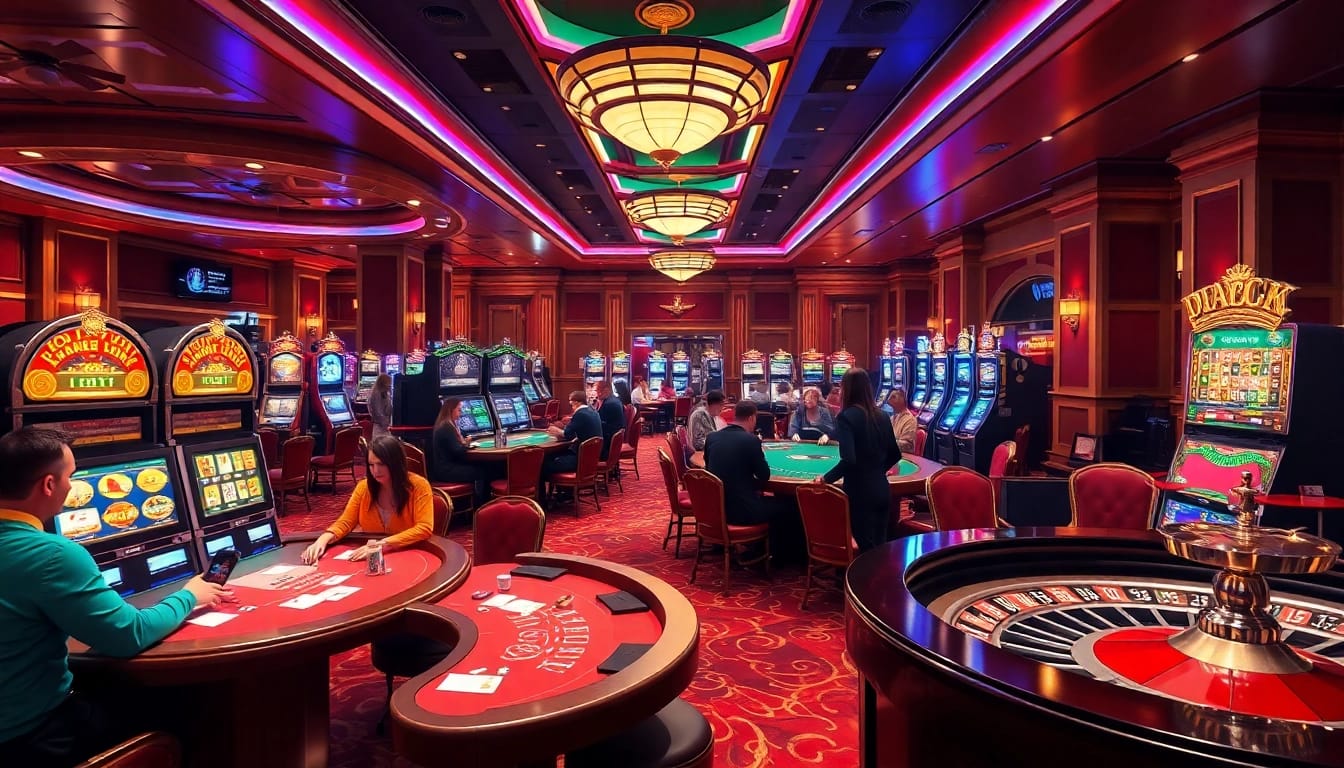 Players enjoying thrilling games at 69VN casino tables amidst vibrant lights and rich decor.