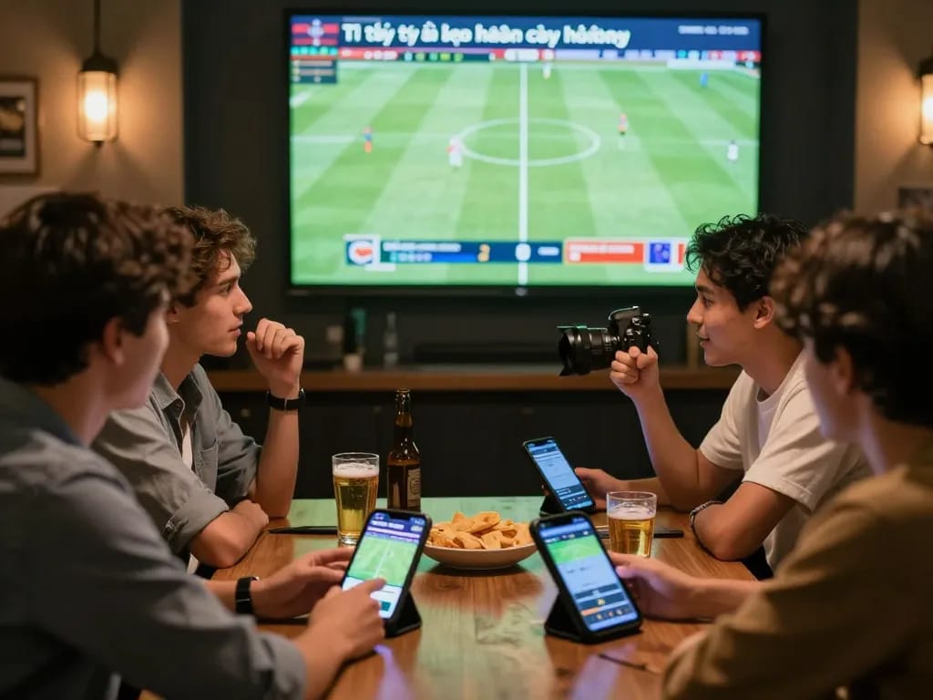 Tỷ lệ kèo nhà cái hôm nay in action as friends strategize and place bets during live sports viewing.