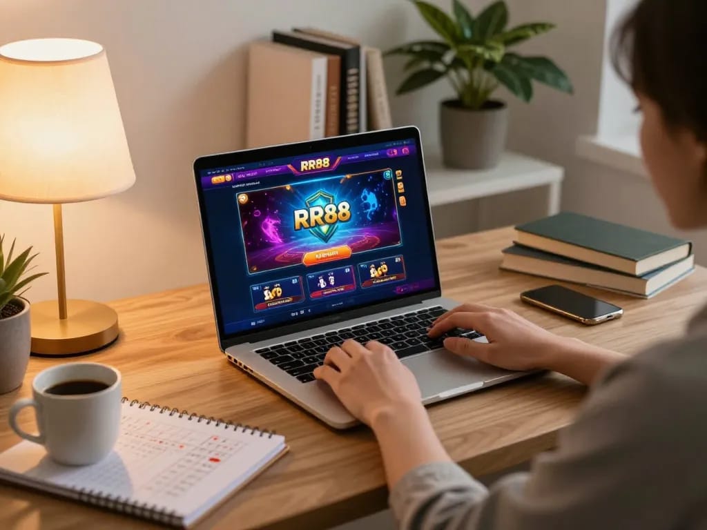 Player engaging with RR88 online casino platform on a modern laptop while surrounded by strategic betting notes