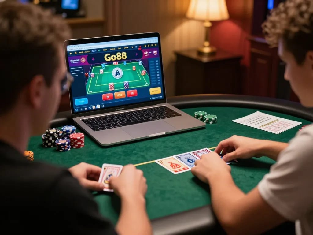 Players engaging in a poker game on go88vv platform, showcasing dynamic action and strategic moves.