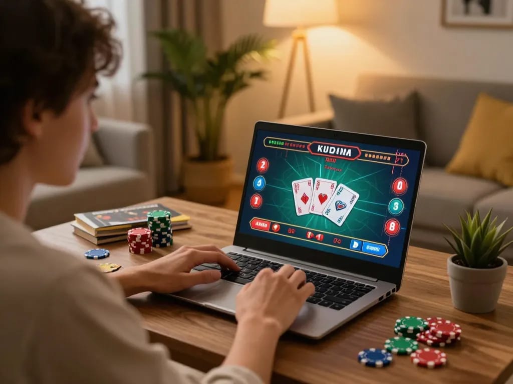 Tg88 player engaging in online casino game with laptop in cozy home setting