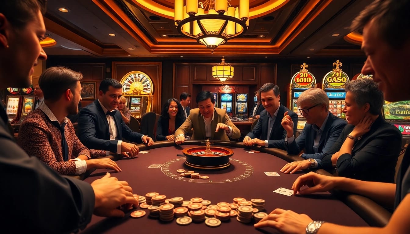 Excited gamblers at a luxurious casino table enjoying the thrill of 7m cn betting.