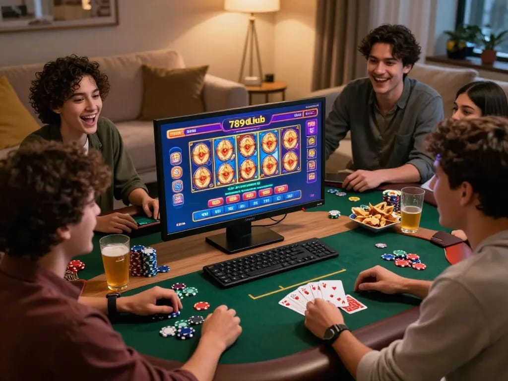 Friends enjoying online gaming at 789club with vibrant game graphics and cozy atmosphere.