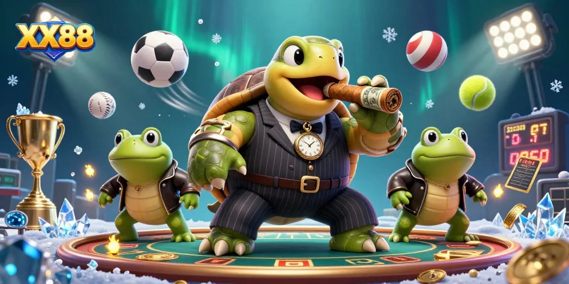 Play exciting games at XX88, where a massive turtle and bullfrog enforcers create a vibrant casino atmosphere.