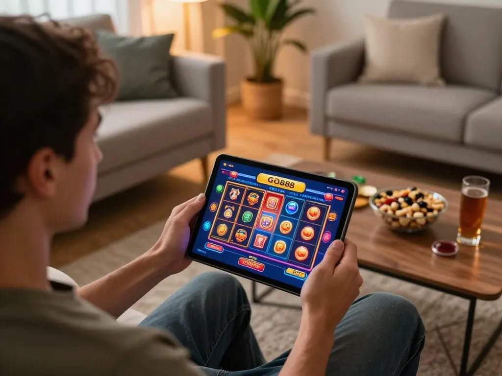 Player enjoying GO 88 casino app on tablet with a modern gaming setup and ambient lighting.