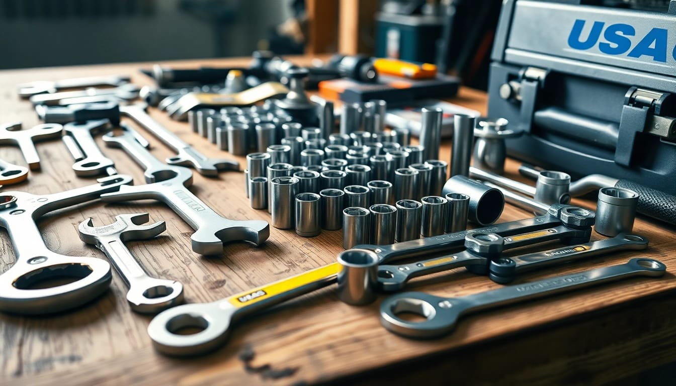USAG tools displayed on a workshop table, showcasing precision wrenches and tool boxes
