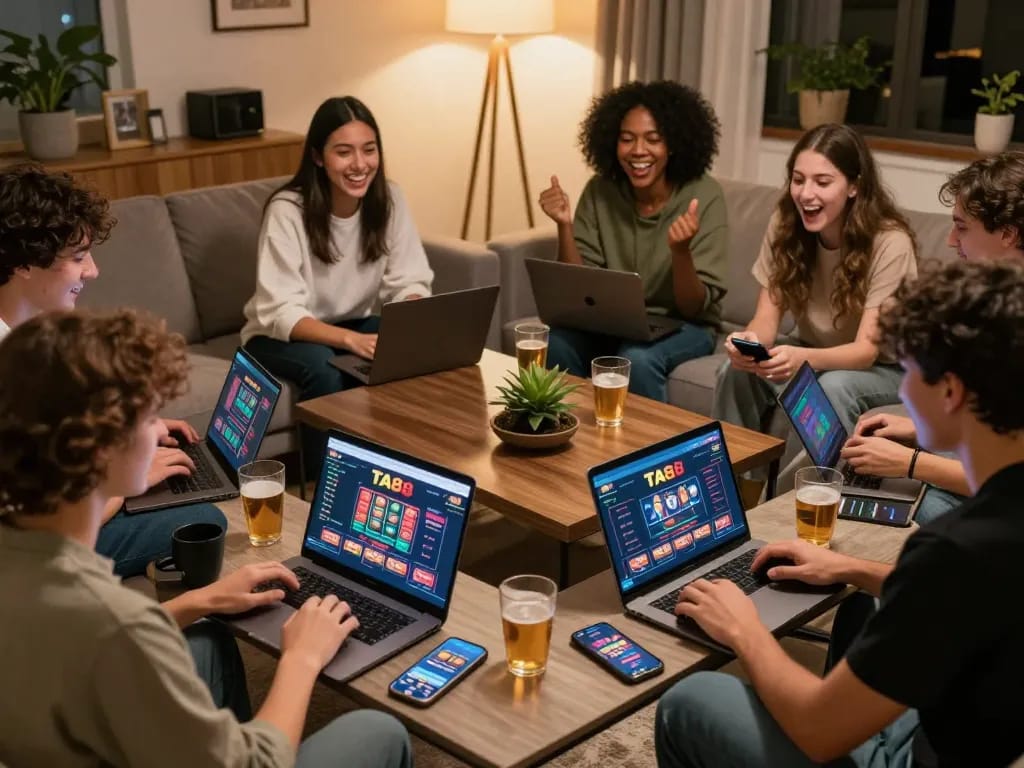 Engaging friends gaming with TA88 uy tín platform on laptops and mobiles in a cozy living room.