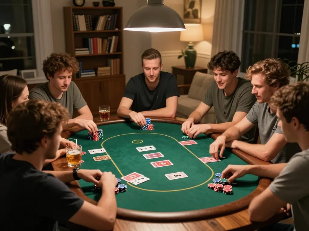 B52 poker night with friends enjoying a lively Texas Hold'em game and colorful chips on the table