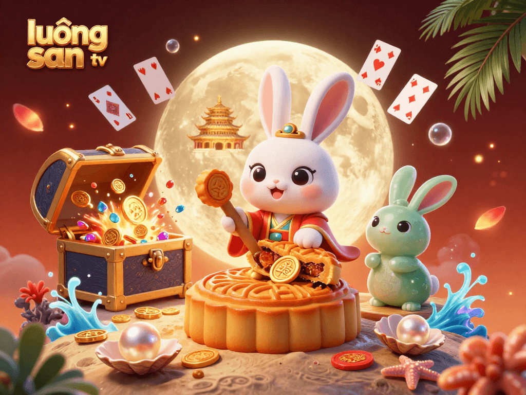Experience the thrill of lương sơn tv with an enchanting 3D illustration featuring the moon rabbit amidst vibrant casino elements.