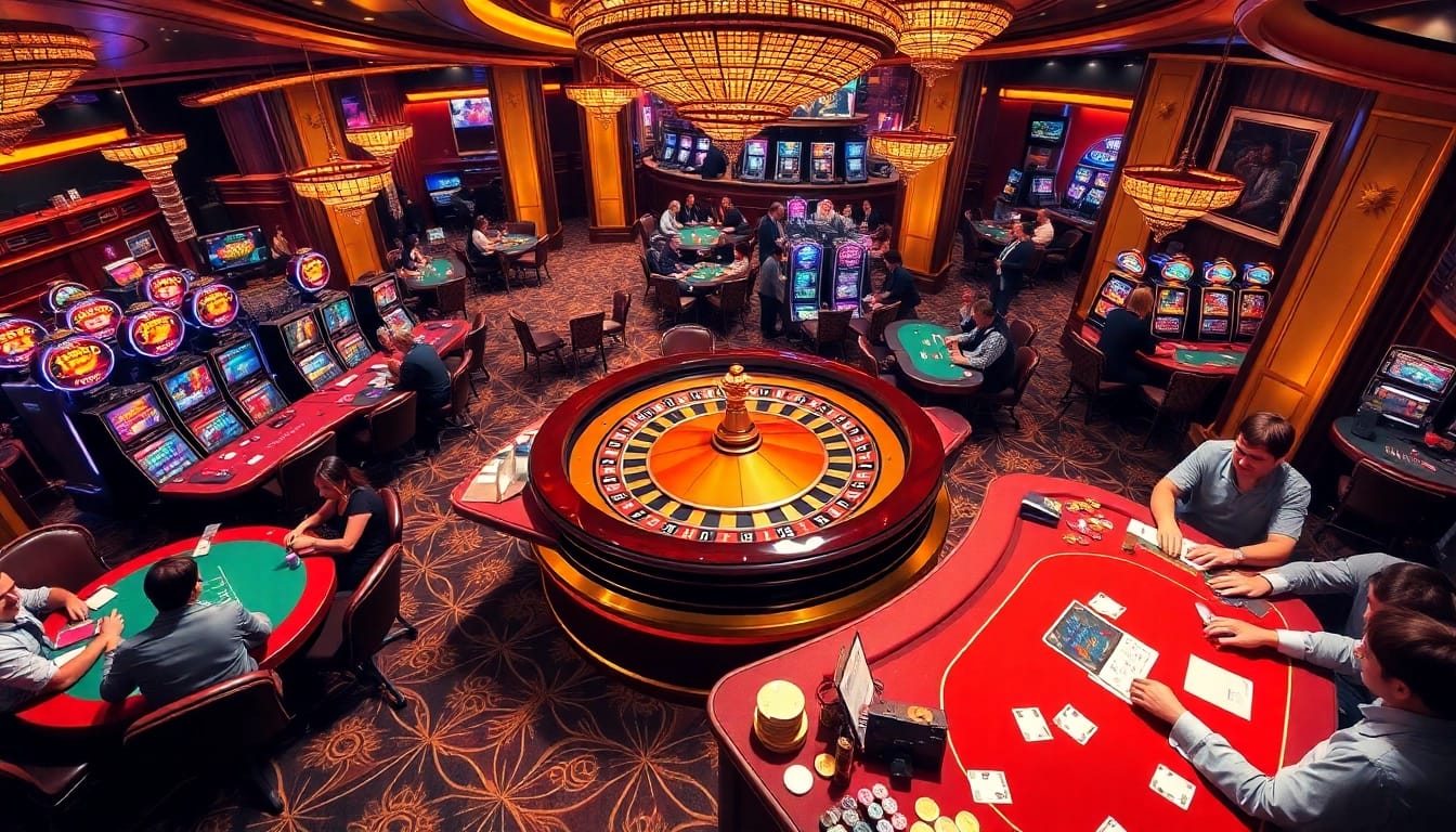 Engaging casino scene illustrating players at tables and slot machines, connected to https://bem88.com.