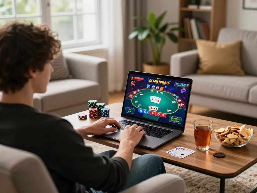 Engaged in thrilling online gambling with LINK 88AA on a cozy home setup, showcasing poker on a laptop surrounded by snacks.