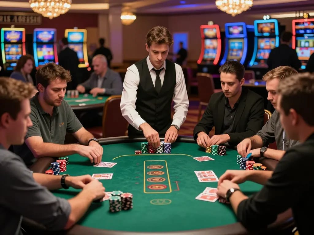 Player analyzing cards at a TG88 poker table, surrounded by intense competition and colorful chips.