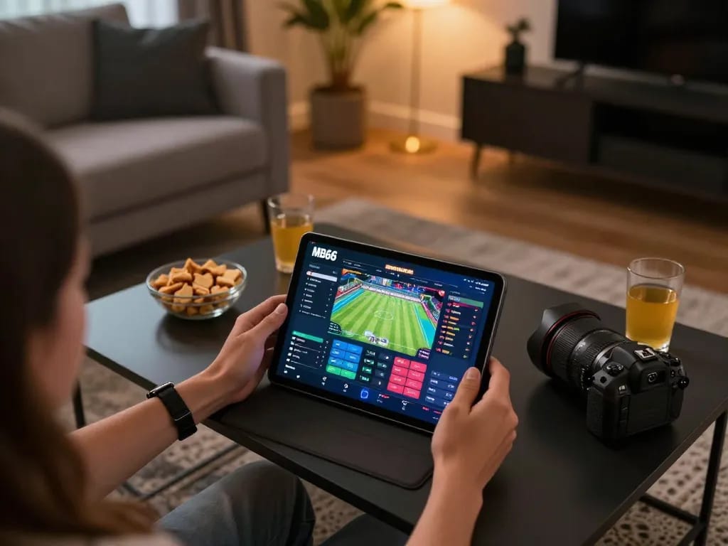 Player analyzing sports odds on MB66 tablet amid a cozy home gaming setup
