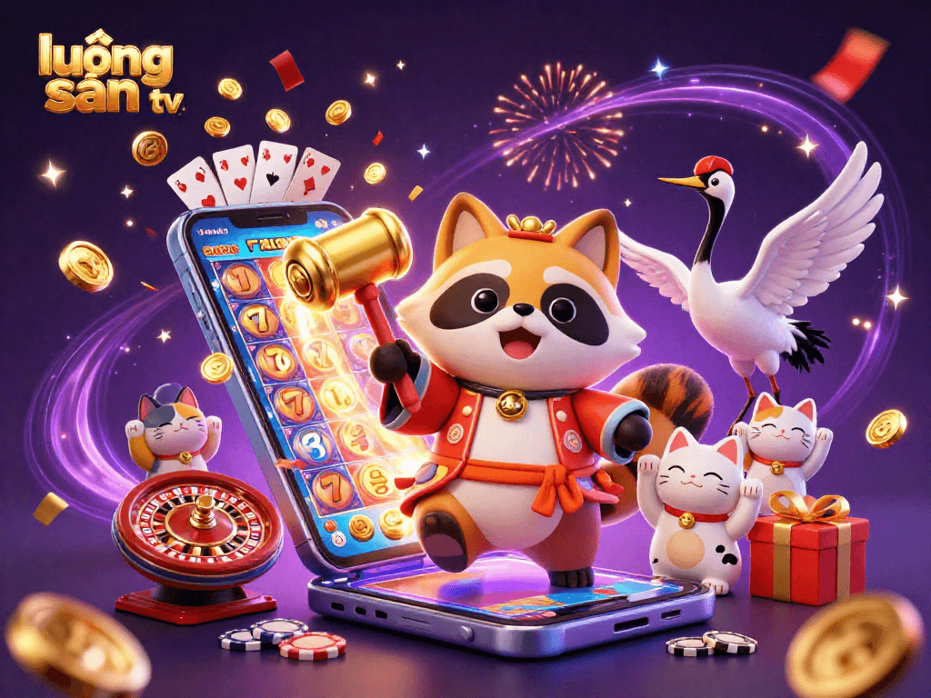 Engaging lương sơn tv illustration showcasing cheerful tanuki in a casino atmosphere with vibrant slot games.