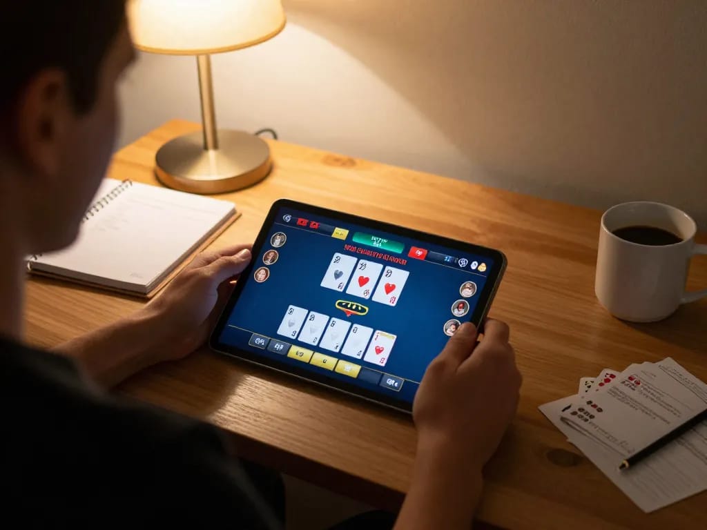 Engaged user experiencing online gaming at Nhà cái RR99 with poker on tablet in cozy home setting