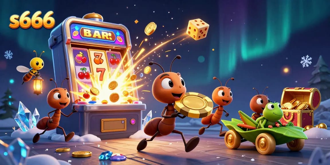S666 engages players with a dynamic heist scene featuring ants and a jackpot explosion.