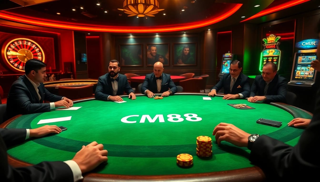 Players enjoying a high-stakes poker game at a luxurious casino featuring CM88 elements.