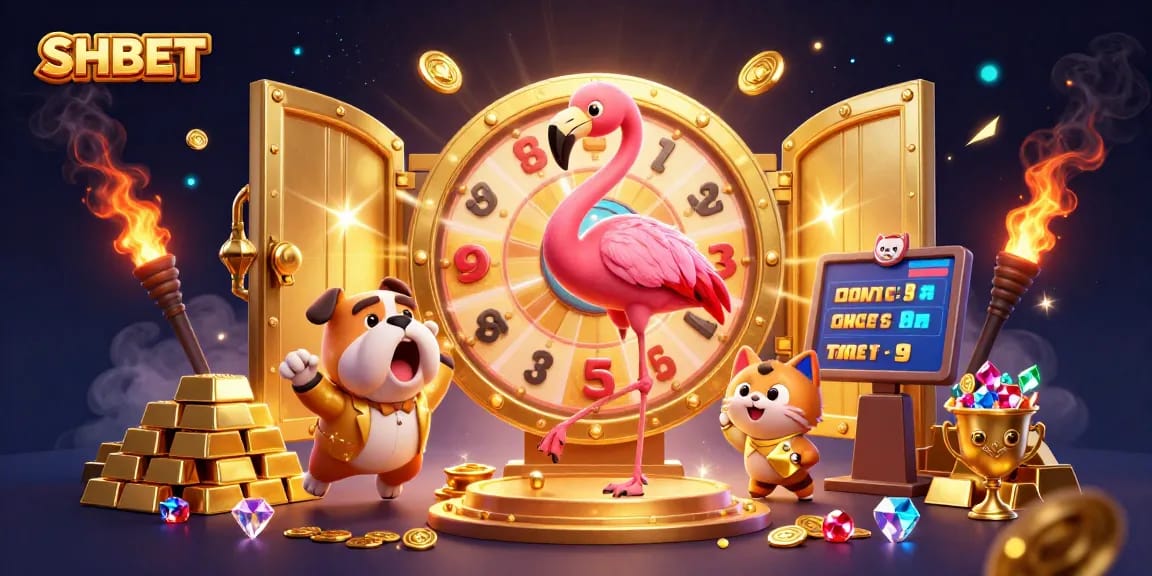 Engage with SHBET's exciting games, featuring a 3D scene of thrilling prizes and vibrant characters.