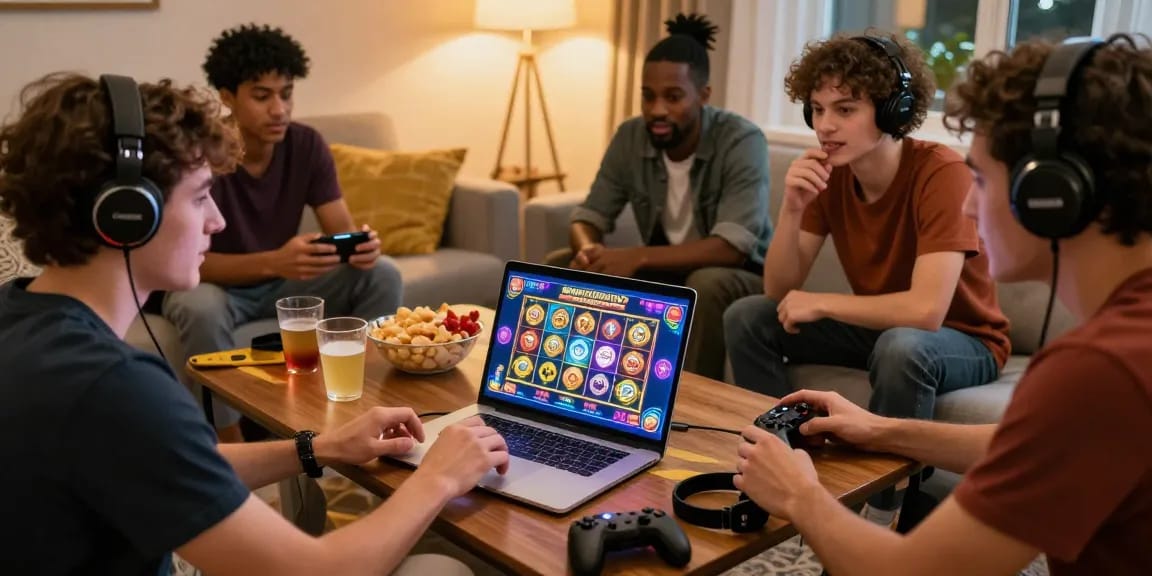Friends enjoying cm88 online gaming with vibrant graphics and cozy snacks.