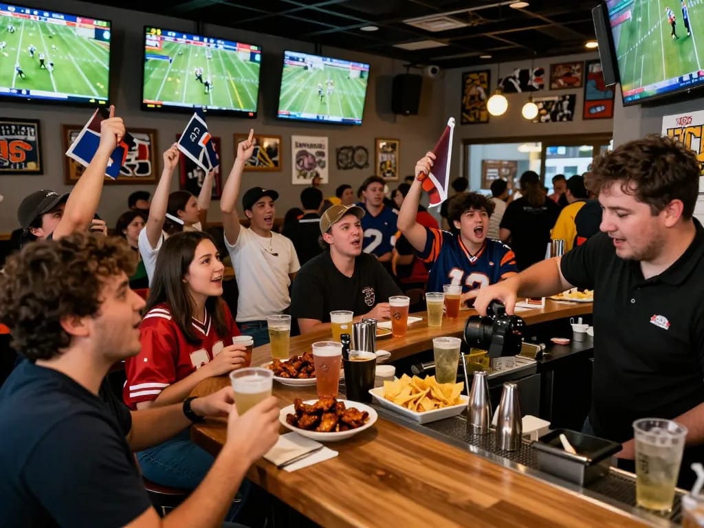 Live fans celebrating football scores at a sports bar, showcasing the excitement of ผลบอล.