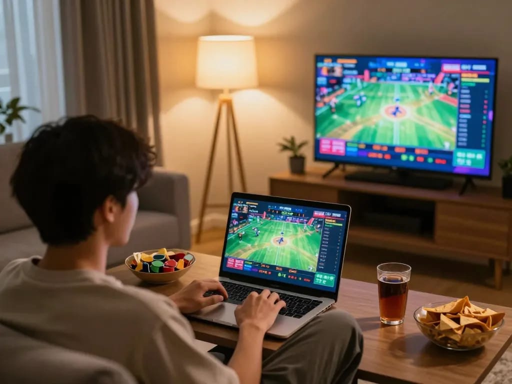 Engaging in live đá gà thomo gameplay on a laptop at home, conveying a strategic online gambling atmosphere.