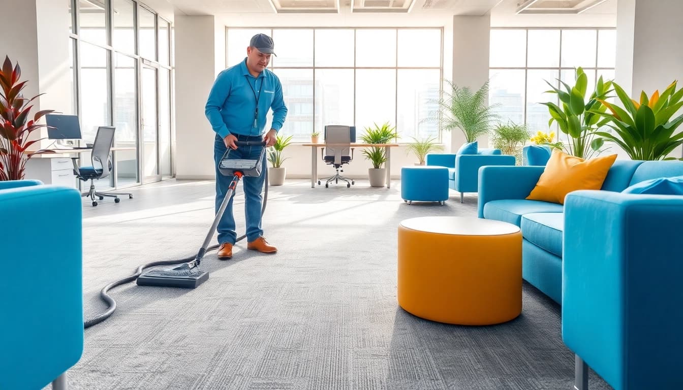 Commercial carpet cleaning in a modern office, highlighting a cleaner with advanced equipment.