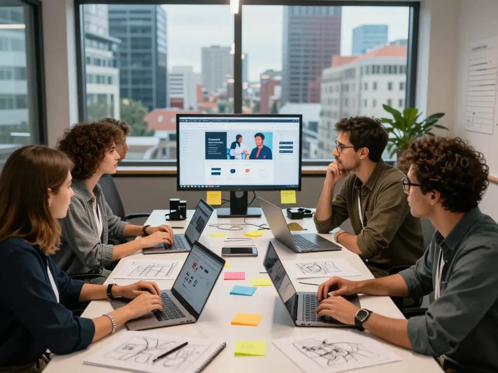 Web Design Agency team collaborating on innovative website designs in a professional office setting.