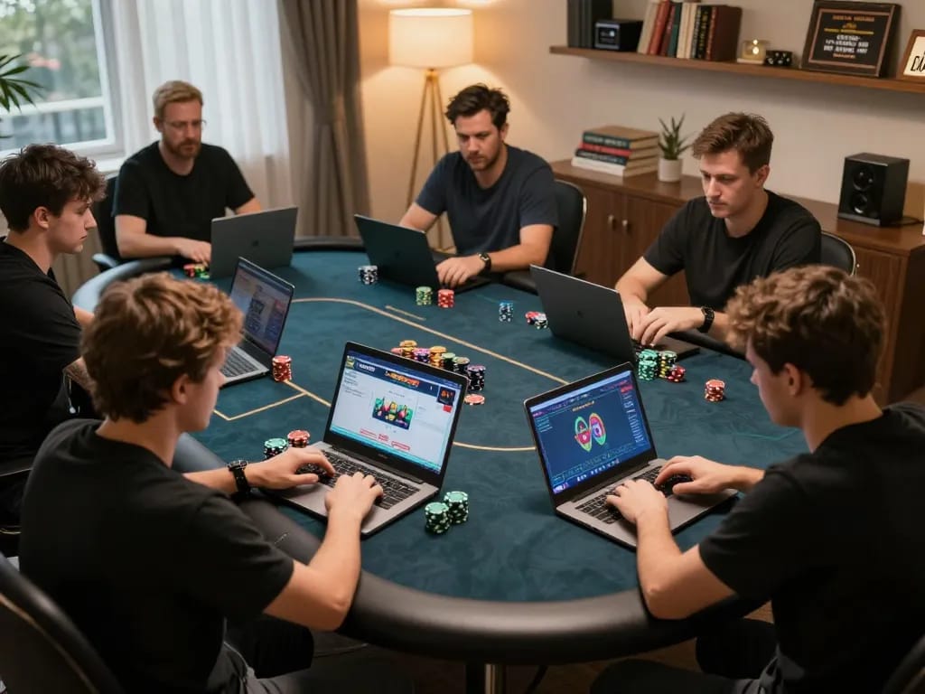 Players enjoy online poker gaming at manclub, showcasing chips and vibrant digital hands.