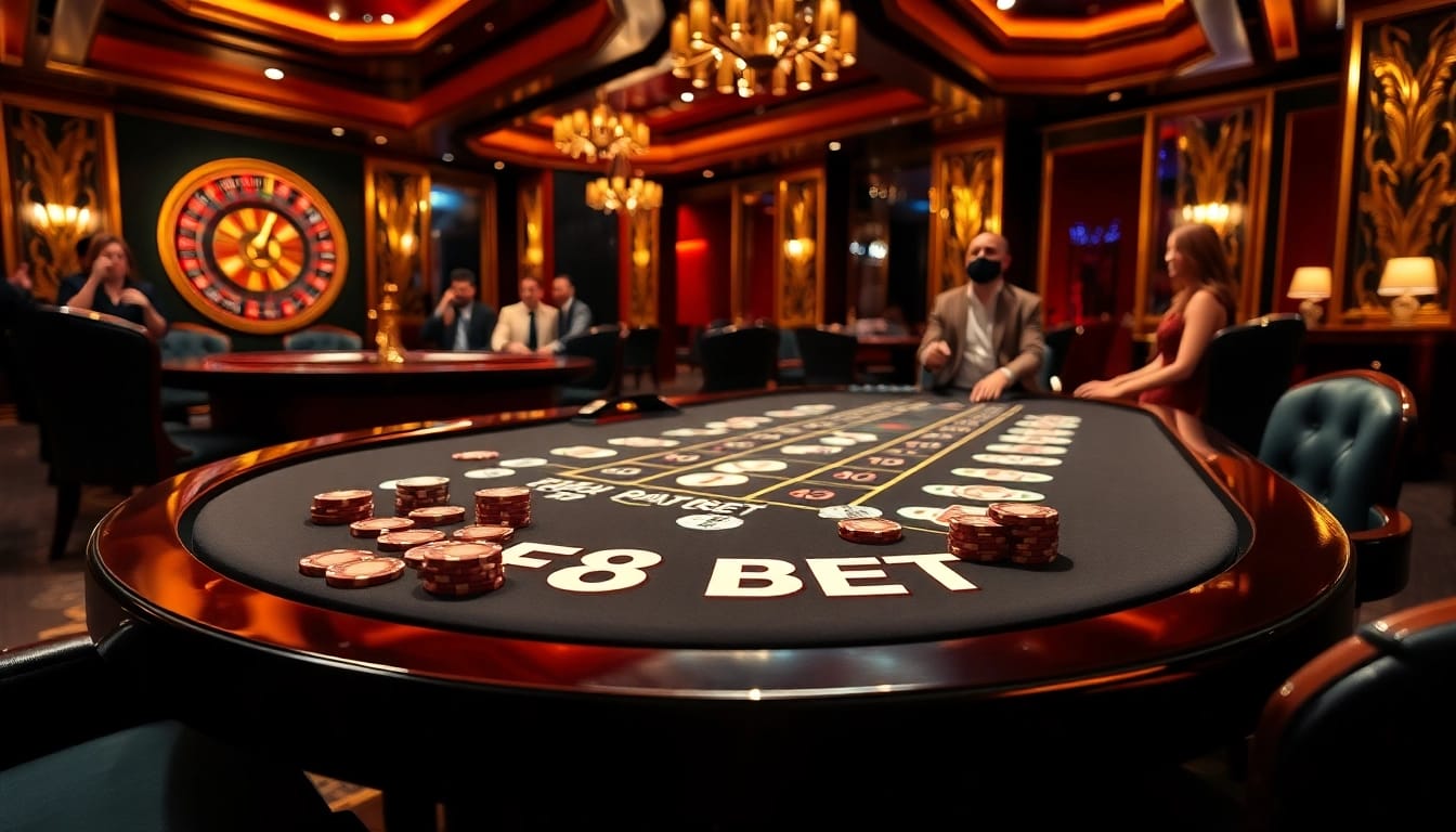 Experience the excitement of F8 BET at a luxurious casino table with vibrant chips and cards.