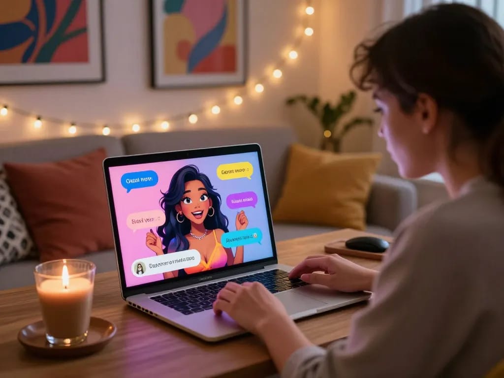 Interactive ai nsfw chat session in a cozy virtual environment with playful character.