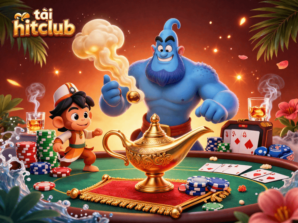 Engage in thrilling gameplay with tải hitclub featuring a vibrant 3D genie and poker elements.