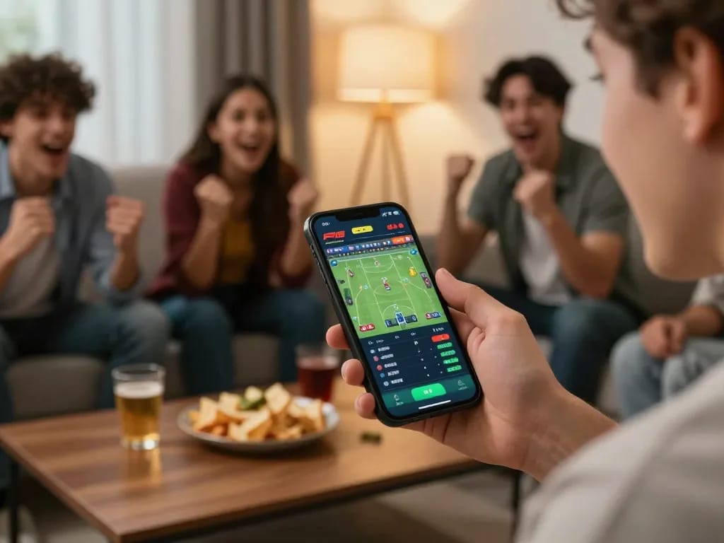 Person engaging with the F168 app for live sports betting during a social gathering with friends.