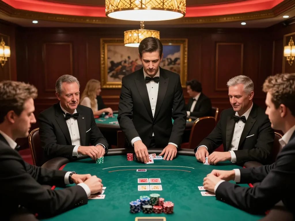 Players enjoying a strategic poker game at an upscale casino venue while using 78winbizcom for online betting.