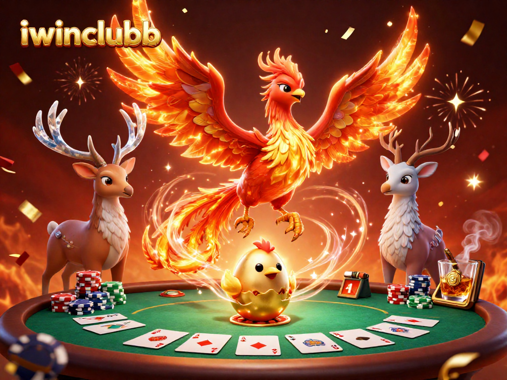 Experience the thrill with iwinclubb's 3D phoenix scene of poker excitement and rich casino elements.