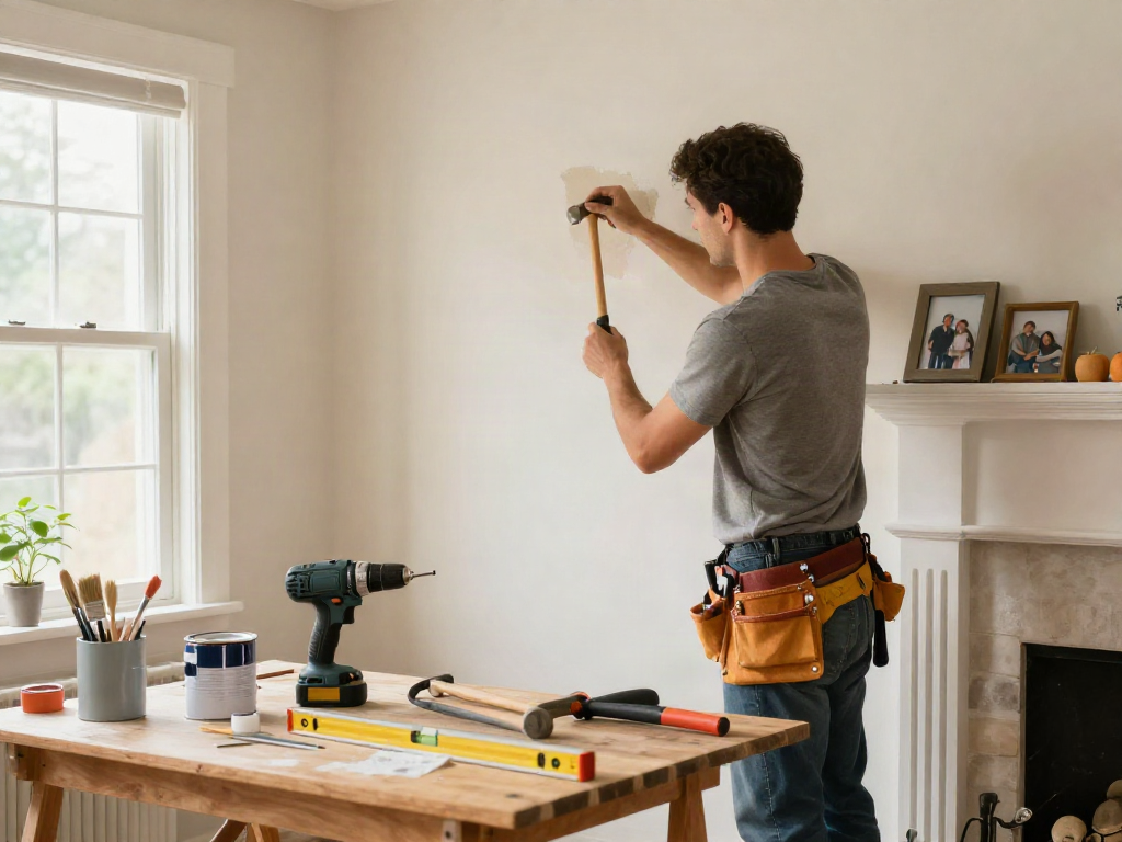 Expert home repair services Des Moines Iowa showcased through a handyman fixing a wall, tools, and warm living room ambiance.