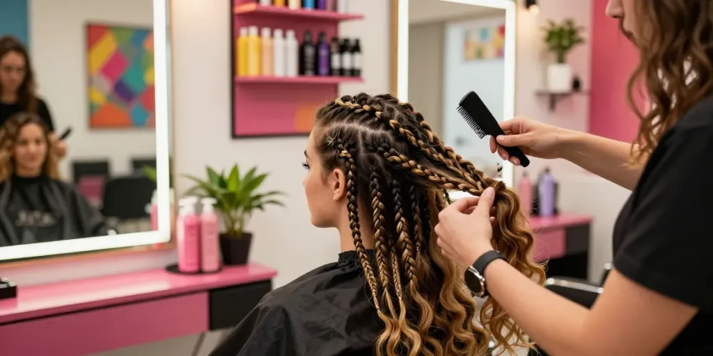 Sew in hair extensions being styled in a vibrant salon setting