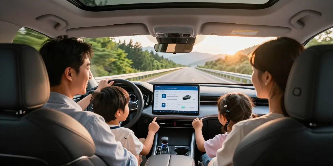Family in a car discussing the best extended warranty for cars while on a scenic road trip.