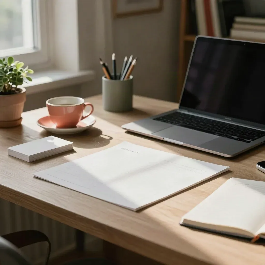 Bright home-studio desk with laptop, cards, cup, plant, and warm morning light.