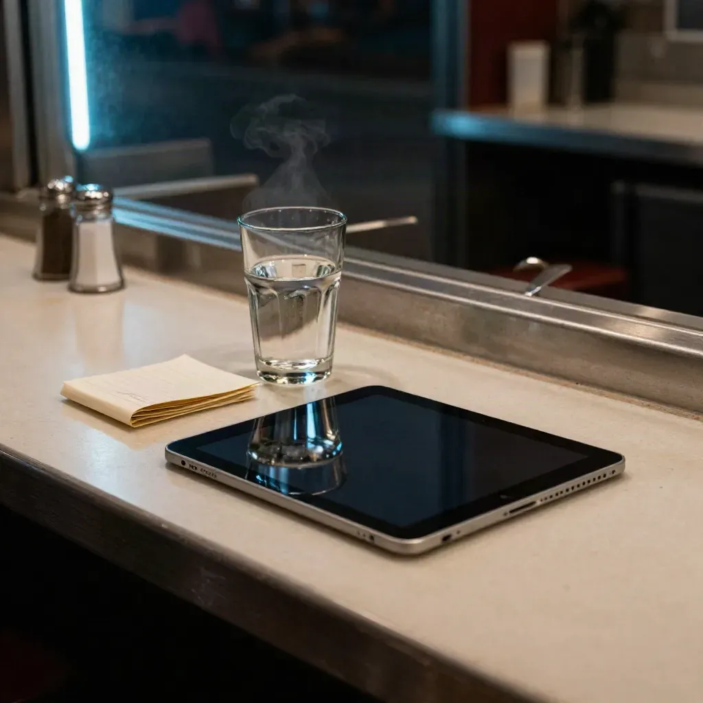 Diner counter with tablet, folded notes, water glass, and salt shaker in neon steam.