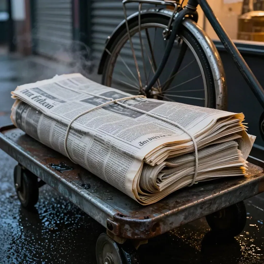 Wet broadsheet bundle on a delivery cart by a shuttered storefront at dawn.
